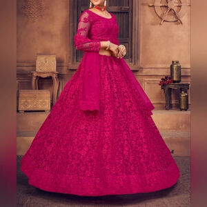 Embroidered Net Ruby Pink Lehenga Size: 36